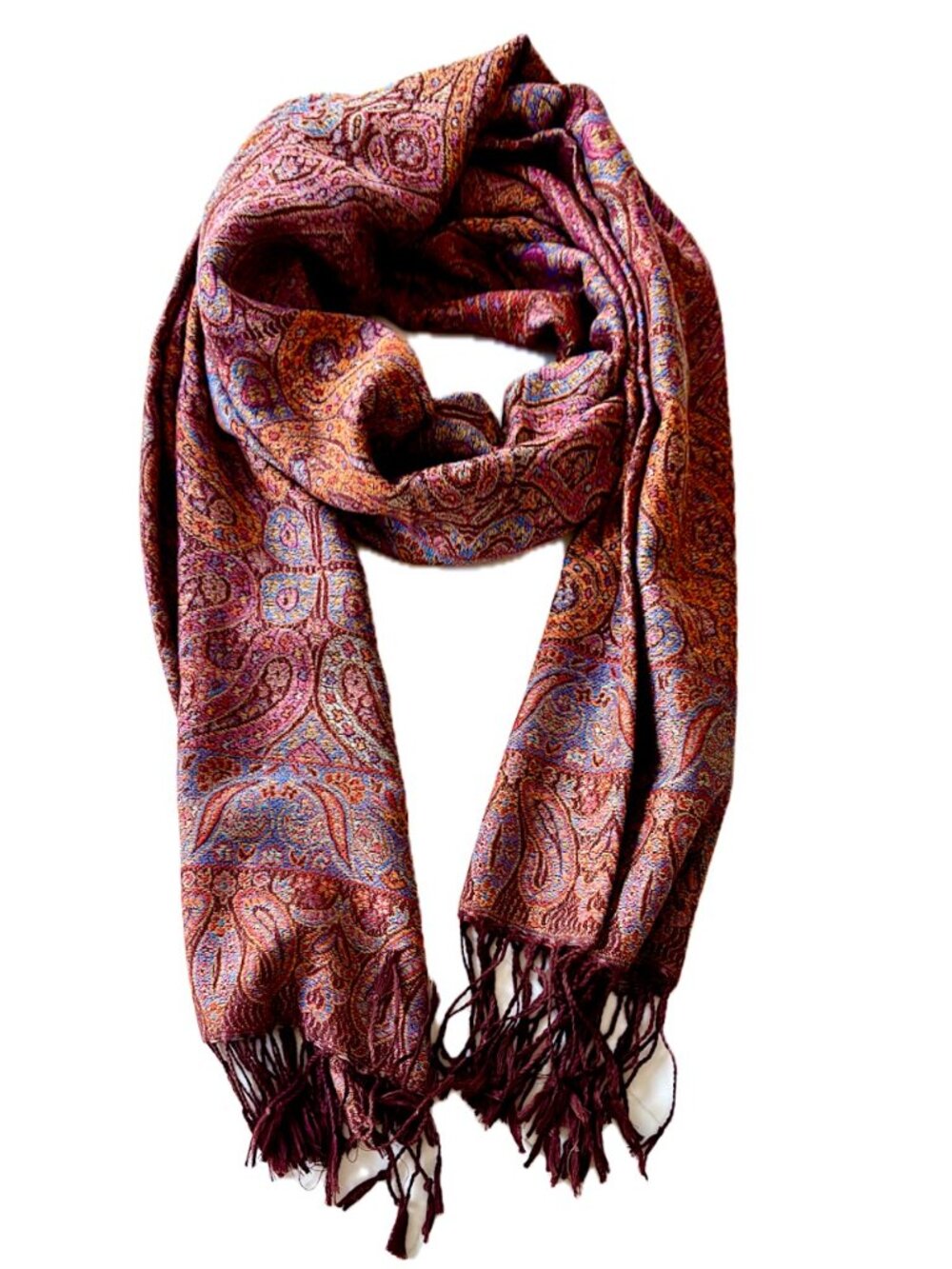Luxury Pashmina Wrap Crimson, Rust, Gold, Blue/Green Shawl Fringed Ends NEW